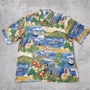 Reyn Spooner Hawaiian Shirt Mens Large‎ Scenic Airplane Floral Resort